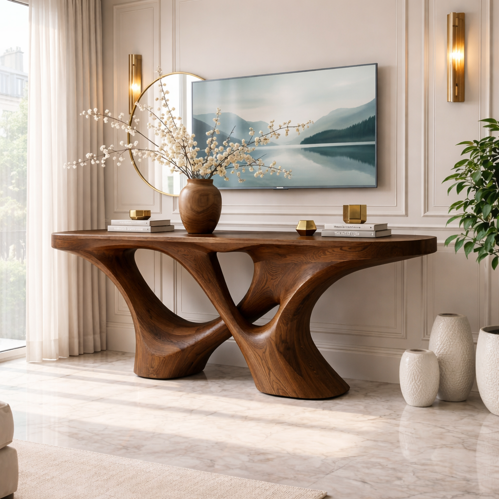 Solid Wood Console Table with Sculpted Curved Base, Artistic Modern Design