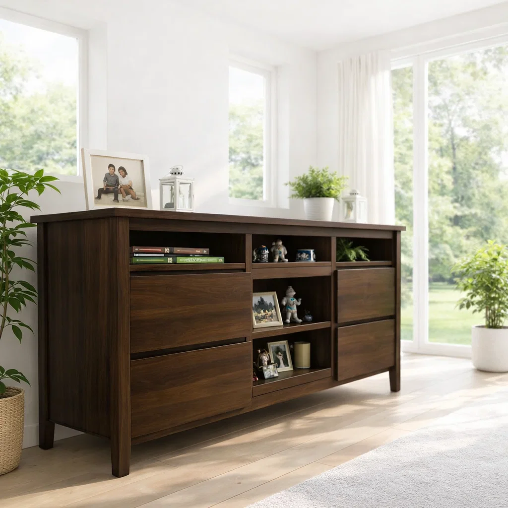 Sideboard Cabinet with Drawers and Open Shelf Storage