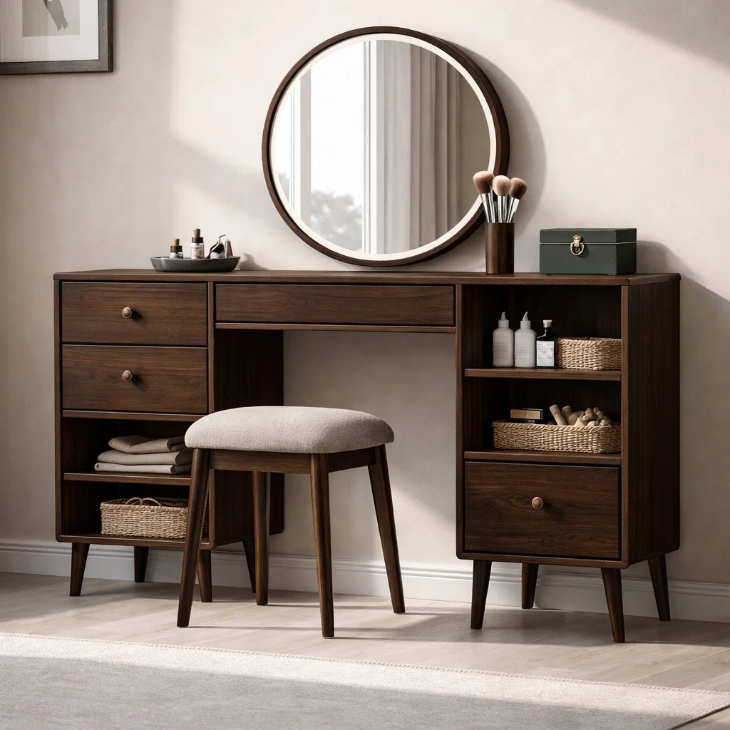 Solid Wood Makeup Vanity with Storage – Modern Mid-Century Design