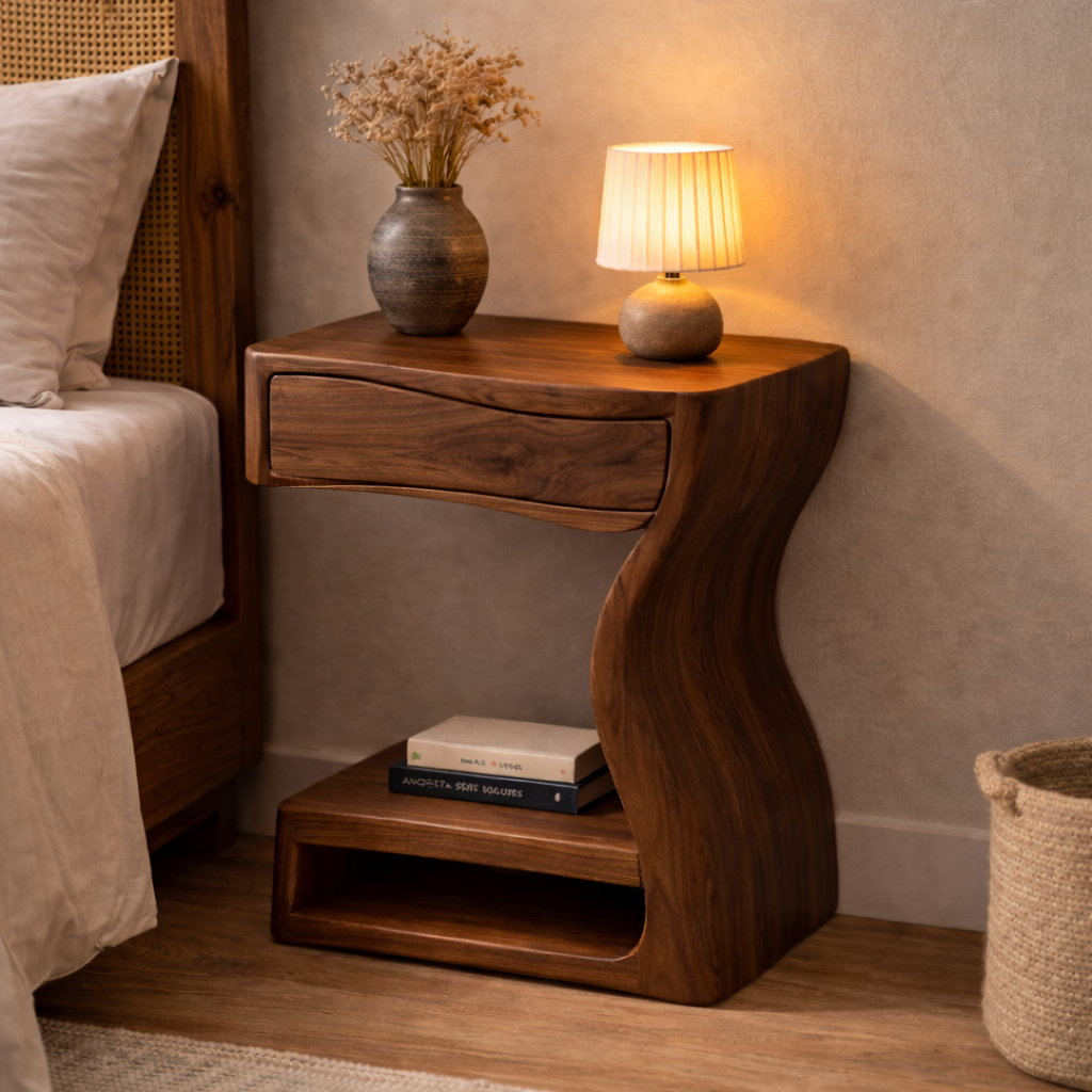 Solid Walnut Nightstand with Drawer and Shelf – Sculptural Curved Wood Bedside Table
