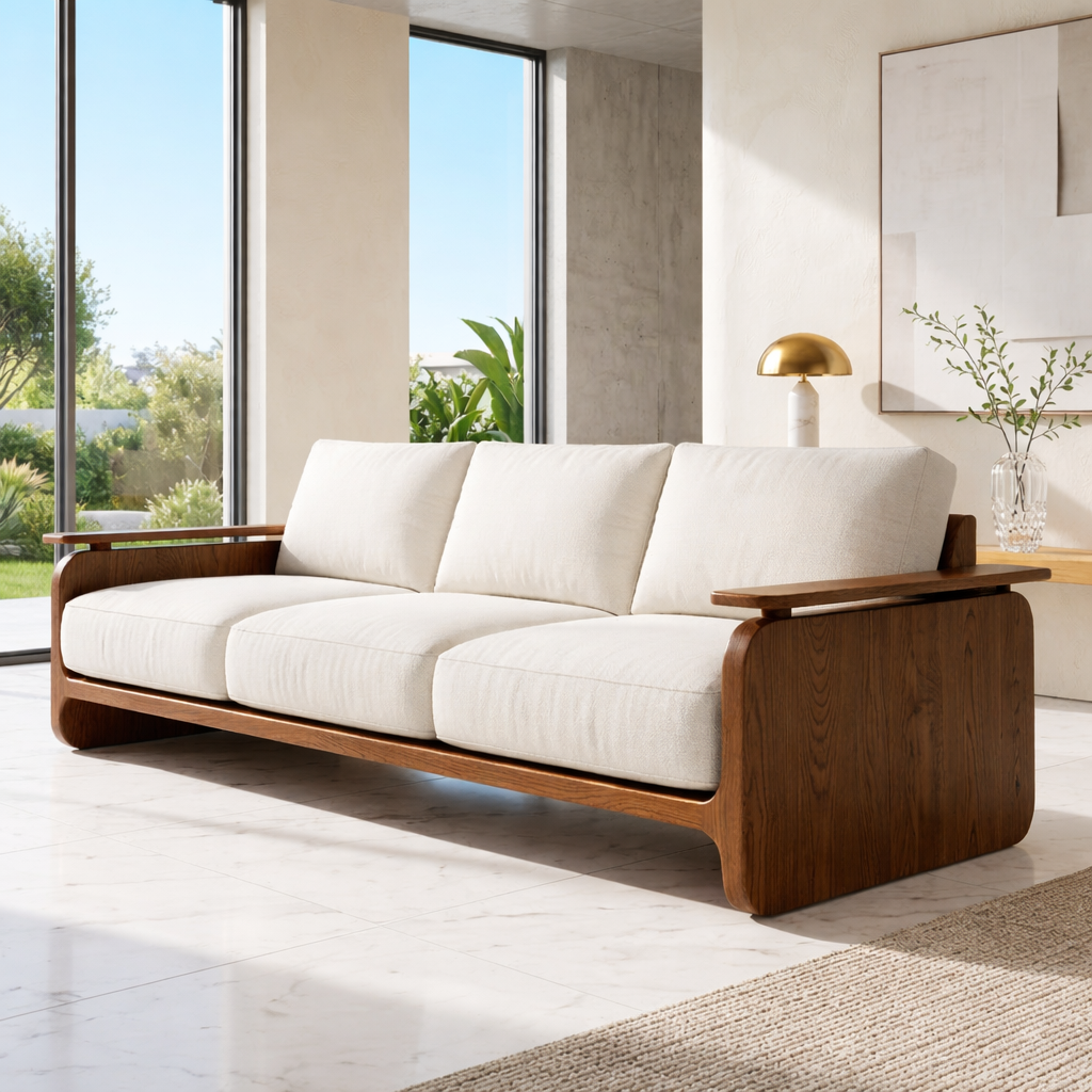 Modern Solid Wood Sofa with White Fabric Cushions Minimalist Japandi Living Room Couch