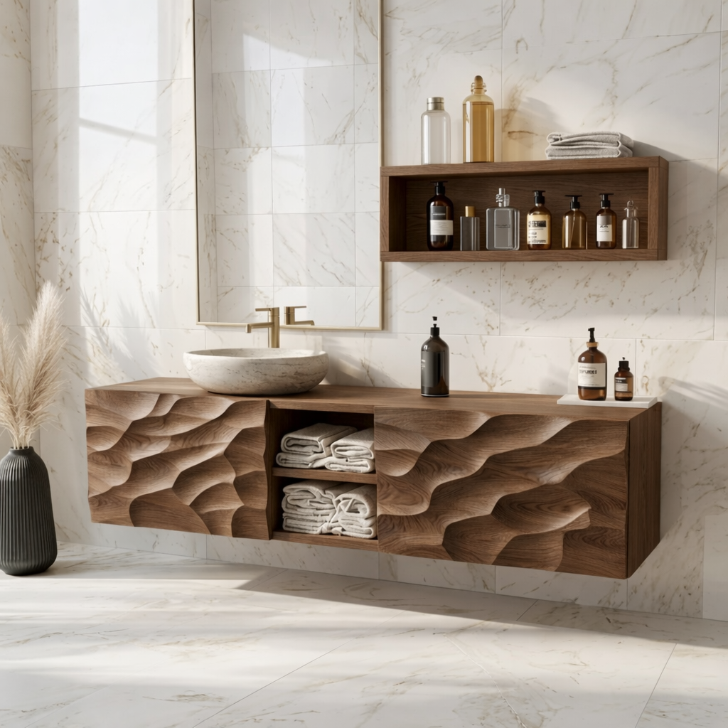 Modern Solid Wood Bathroom Vanity with Floating Storage and Sculpted Front Panels