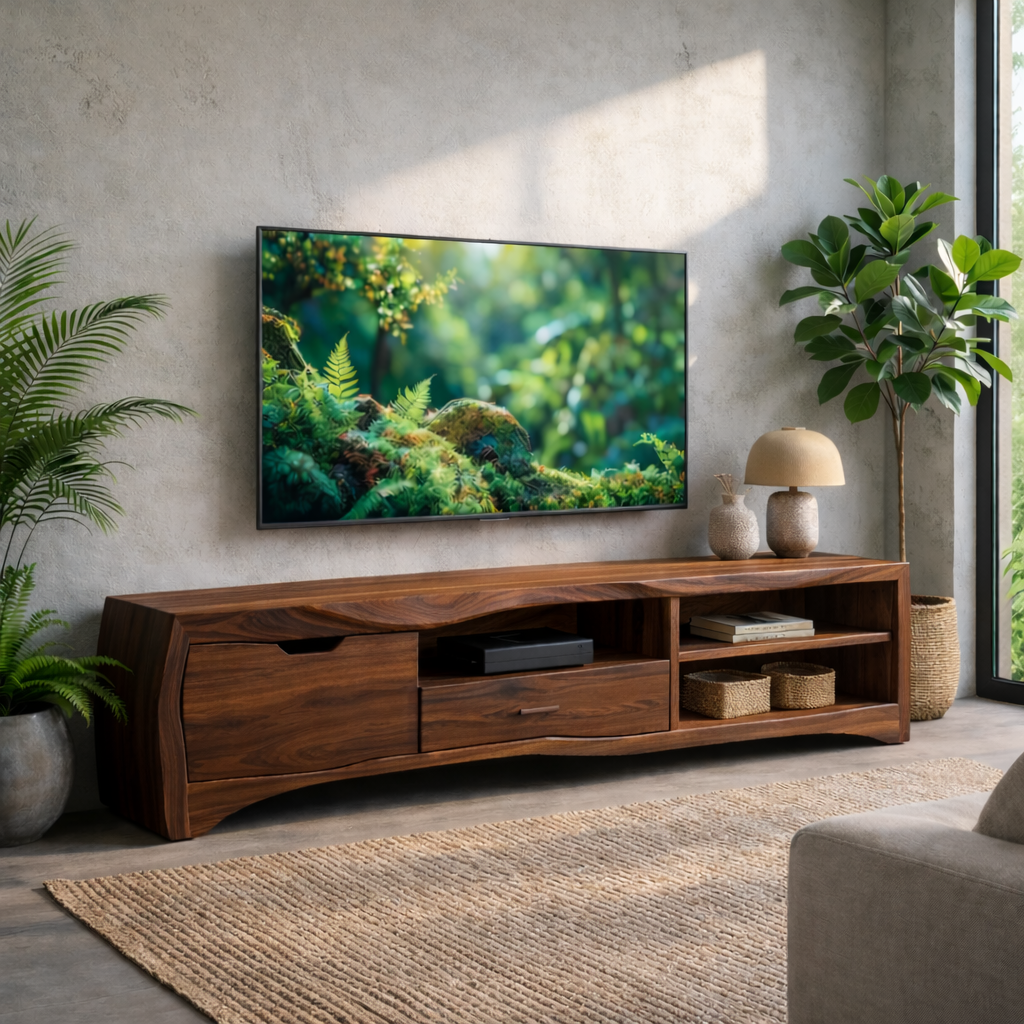 Modern Solid Wood TV Stand with Storage Drawers and Open Shelves – Living Room Media Console