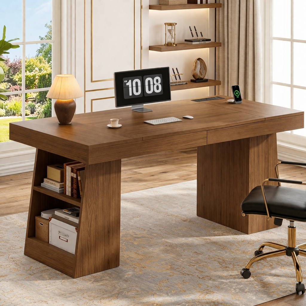 Modern Executive Desk with Built-in Storage and Spacious Work Surface