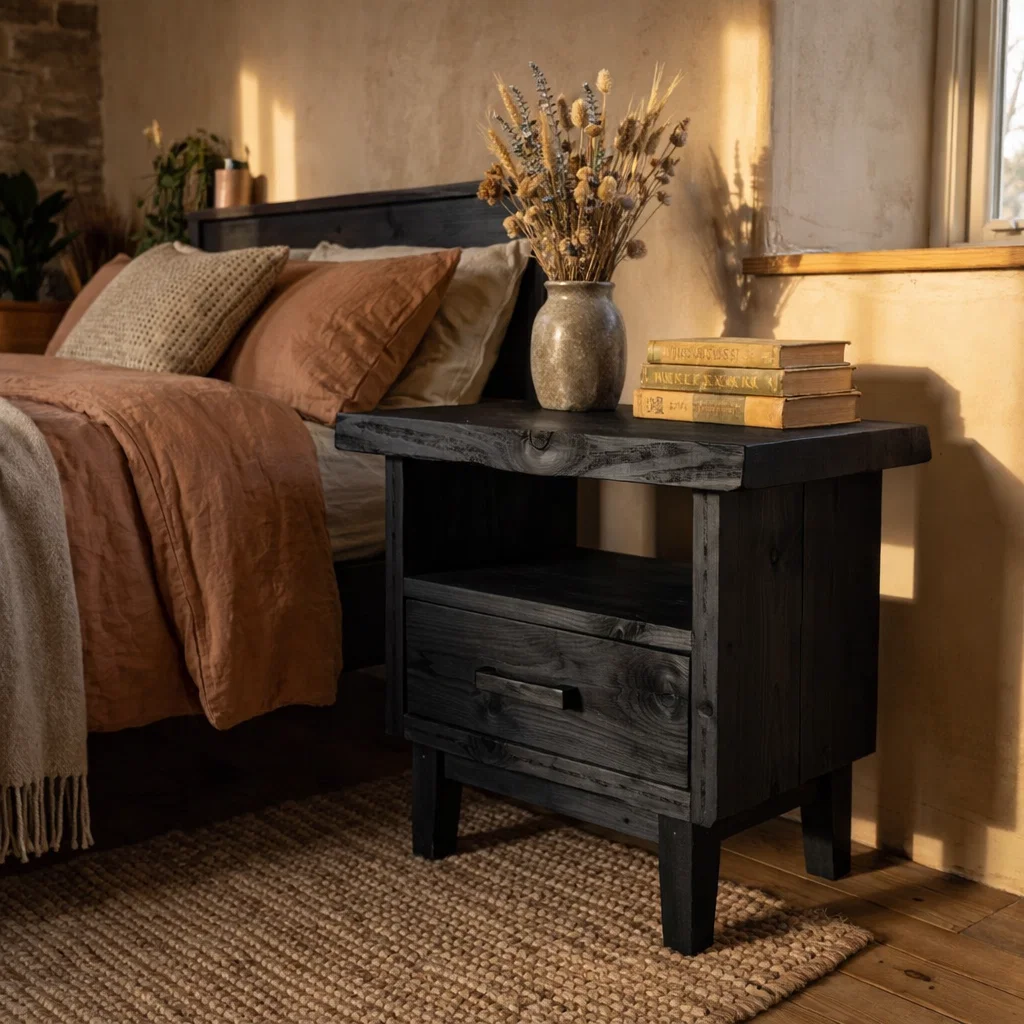 Rustic Solid Wood Nightstand with Drawer & Shelf – Farmhouse Bedside Table