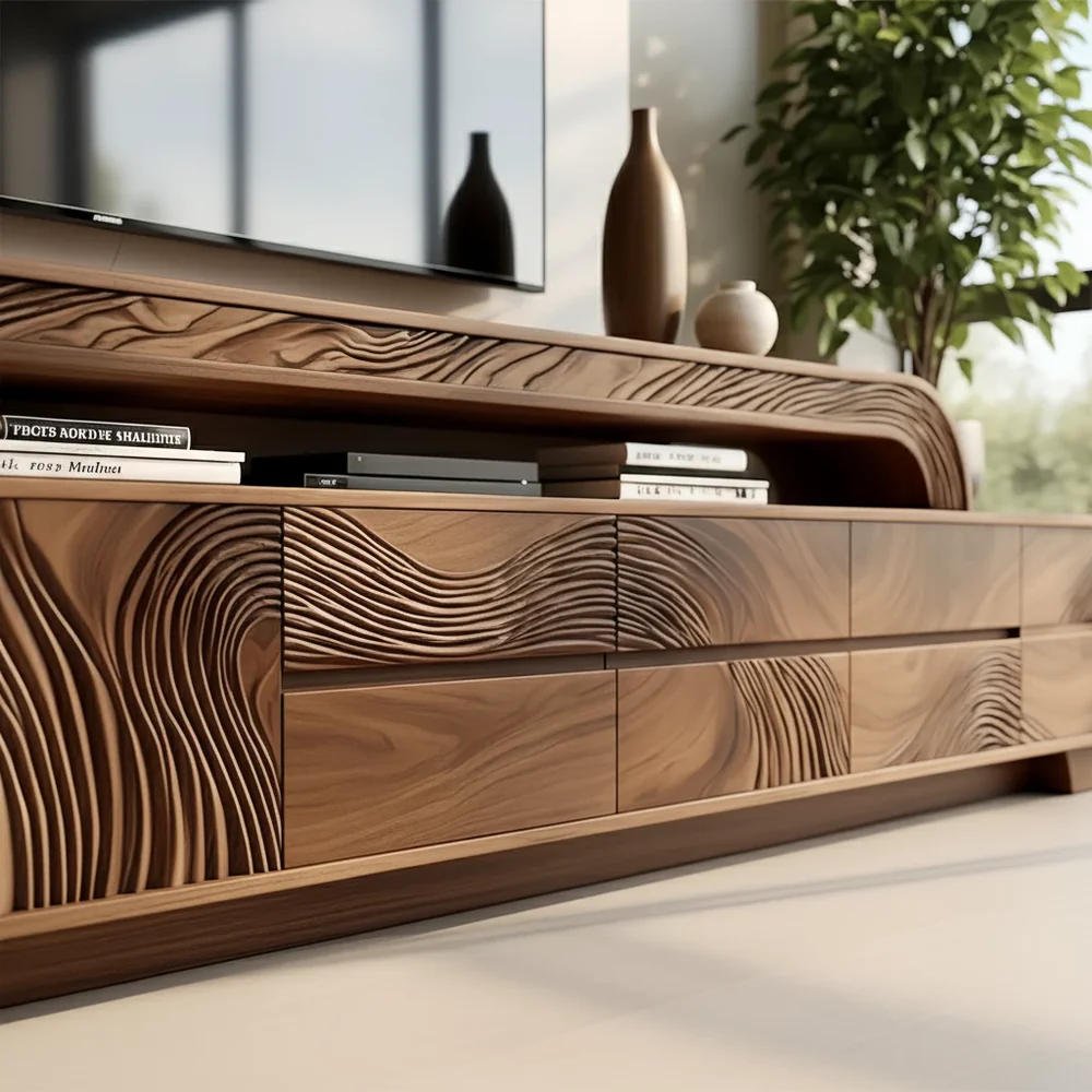 Solid Wood TV Stand Modern Walnut Media Console with Sculptural Curve Design