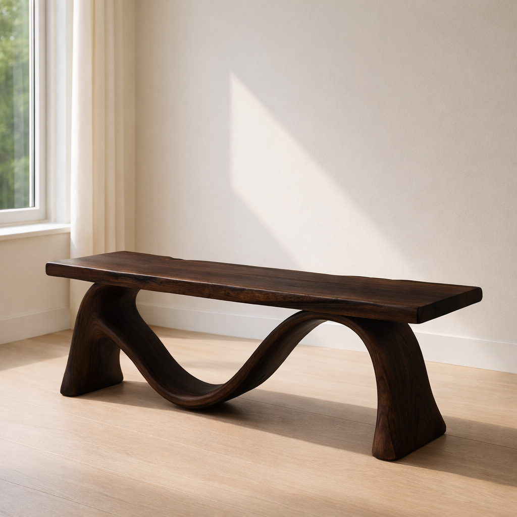 Solid Wood Bench with Sculptural Curved Base – Modern Entryway or Living Room Bench