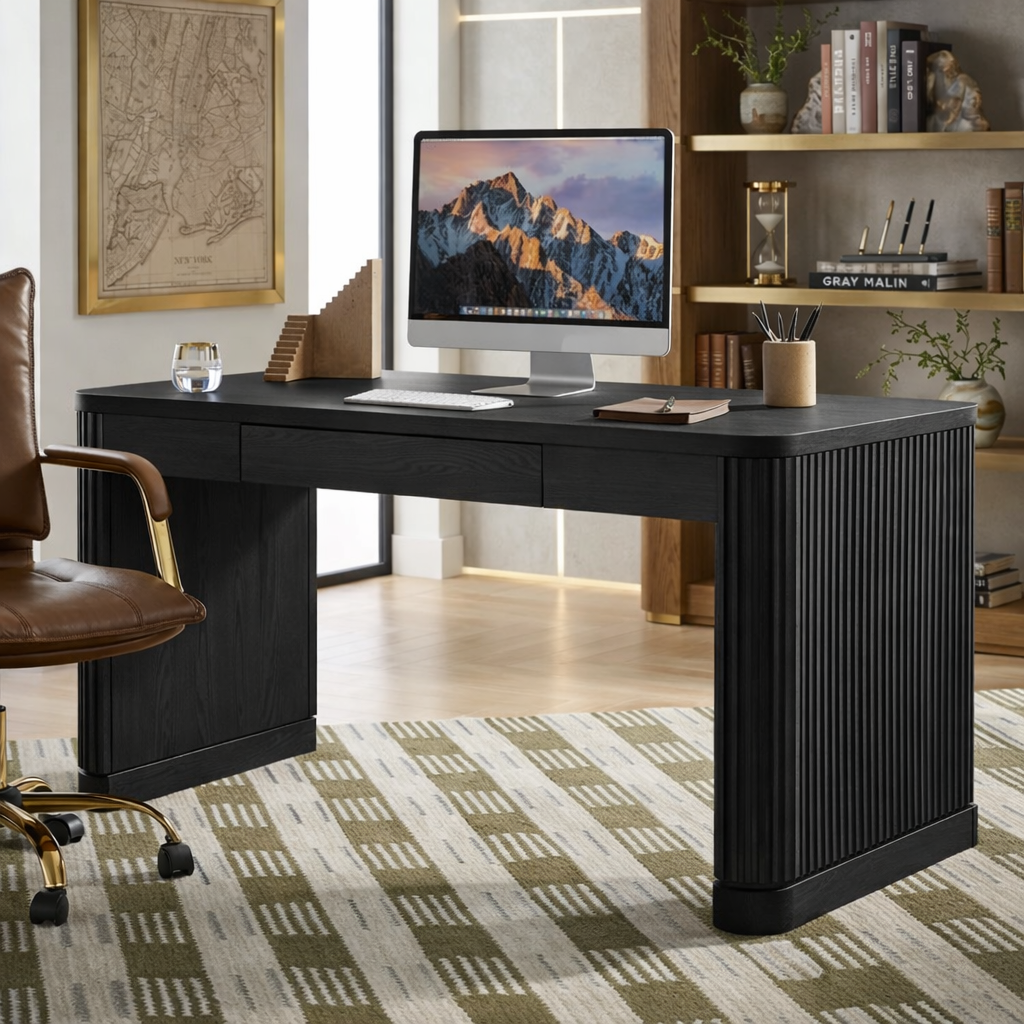 Modern Work Desk with Ribbed Detail and Ample Storage for Home Office