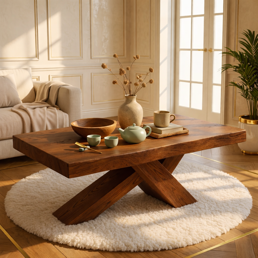 Rustic Solid Wood Coffee Table with X-shaped Legs and Natural Finish