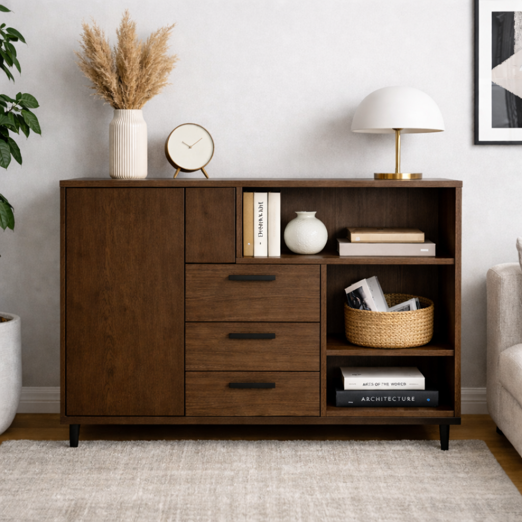 Modern Solid Wood Console Cabinet with Drawers, Door & Open Shelf Storage