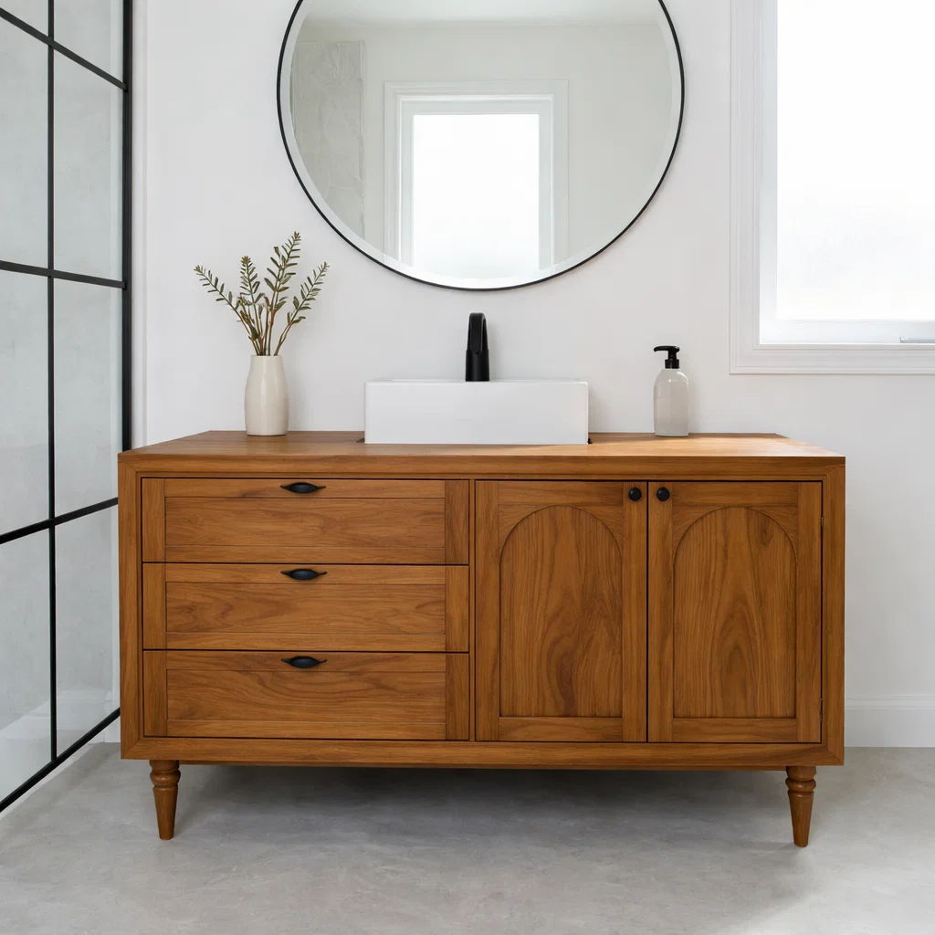 Solid Wood Bathroom Vanity with Drawers & Cabinet – Modern Rustic