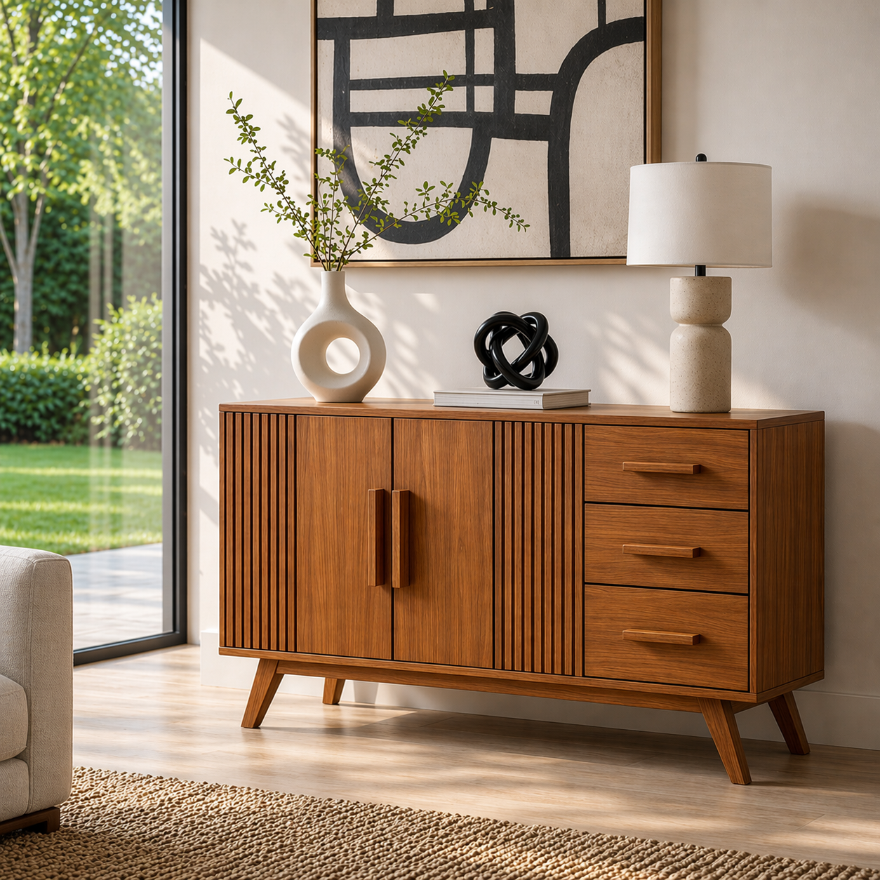 Solid Wood Console Sideboard with Slatted Design – Modern Walnut Storage Cabinet