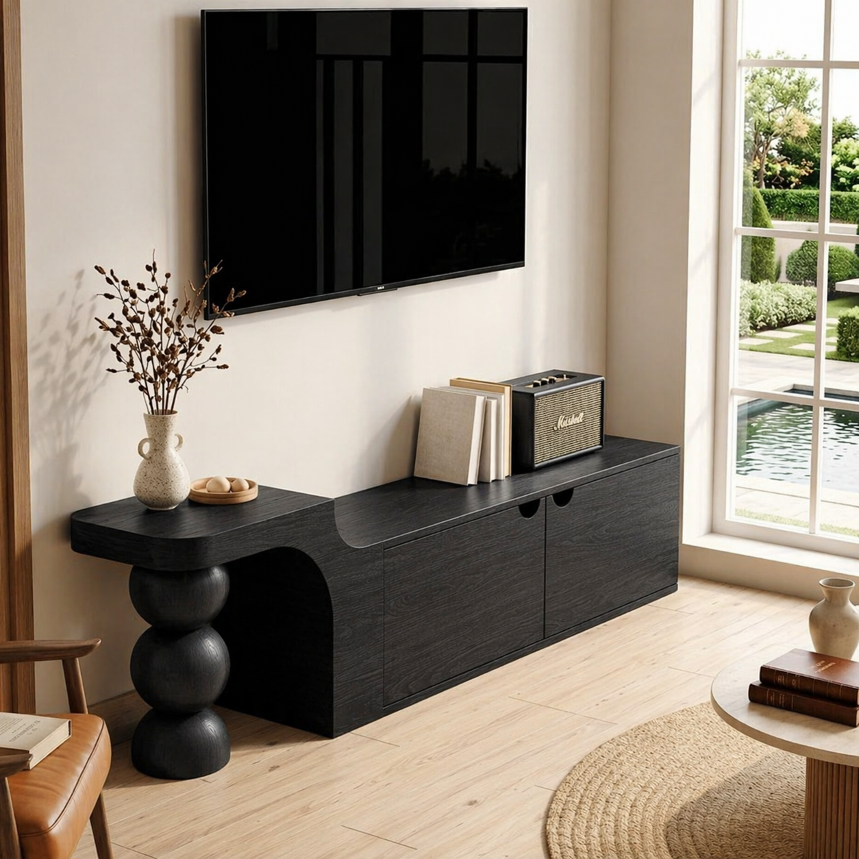 Modern Asymmetrical TV Console, Sculptural Media Cabinet for Elegant Home Interiors