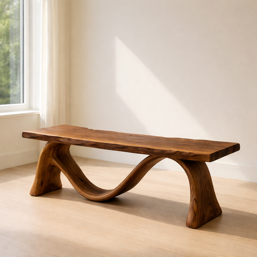 Solid Wood Bench with Sculptural Curved Base – Modern Entryway or Living Room Bench
