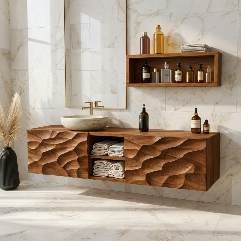 Modern Solid Wood Bathroom Vanity with Floating Storage and Sculpted Front Panels