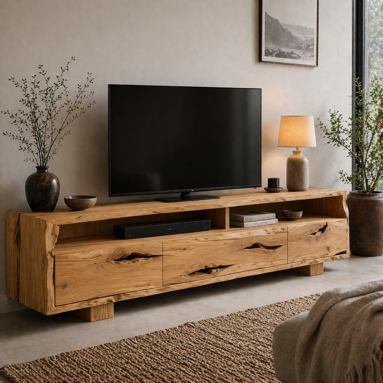 Solid Wood Media Console with Live Edge, Rustic Modern TV Stand with Storage