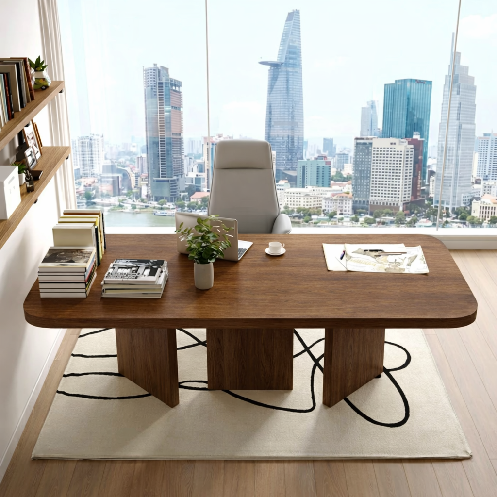 Modern Executive Desk with Rounded Corners, Large Minimalist Office Writing Table