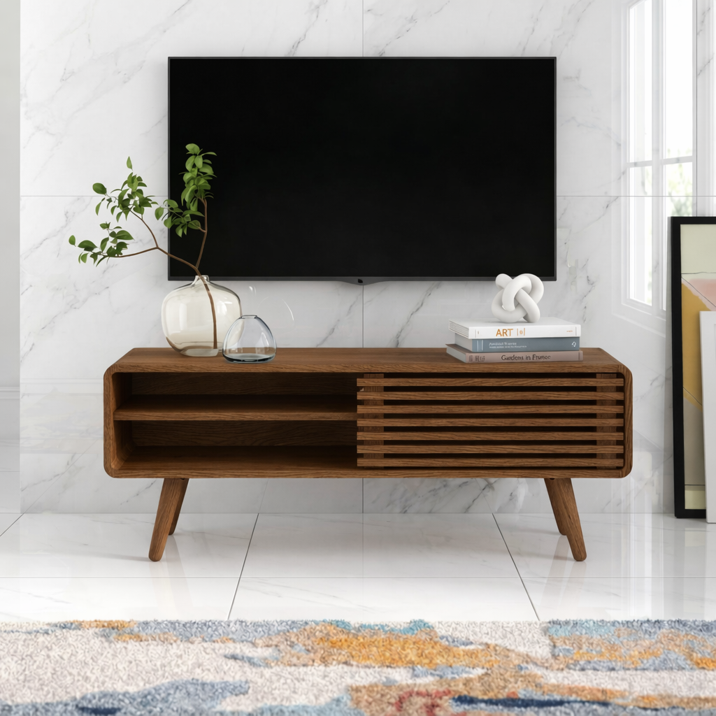 Modern Solid Wood TV Stand with Slatted Door Open Shelf Mid Century Media Console