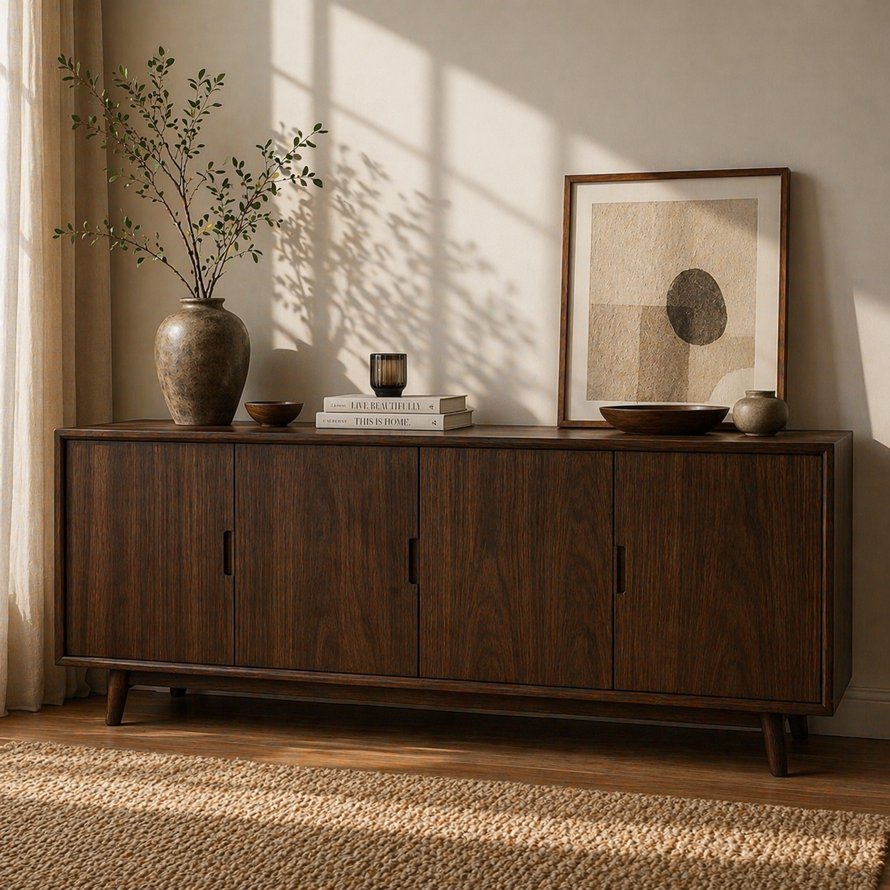 Modern Solid Wood Sideboard Cabinet with 4 Doors – Minimalist Storage Credenza