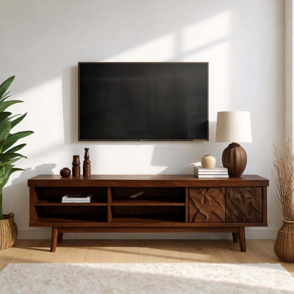 Mid Century Solid Wood TV Stand Carved Media Console Modern Entertainment Center Cabinet