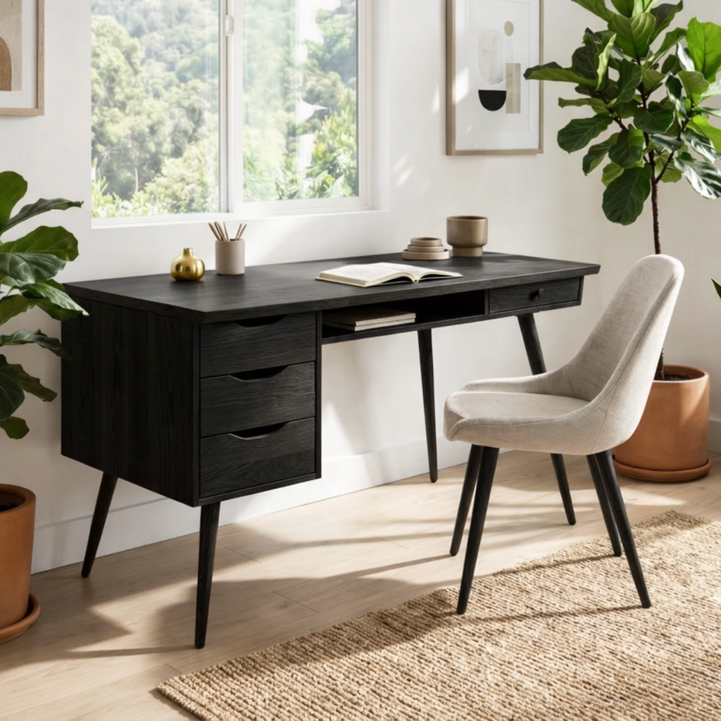 Mid Century Modern Desk with Drawers Storage Home Office Writing Table Solid Frame
