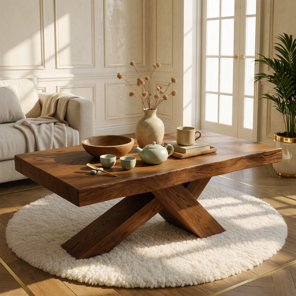 Rustic Solid Wood Coffee Table with X-shaped Legs and Natural Finish