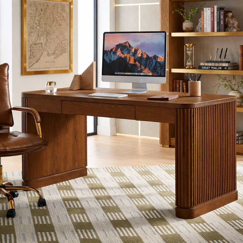 Modern Work Desk with Ribbed Detail and Ample Storage for Home Office