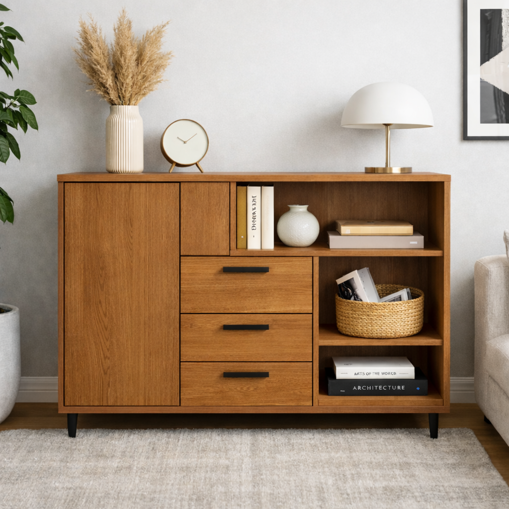 Modern Solid Wood Console Cabinet with Drawers, Door & Open Shelf Storage