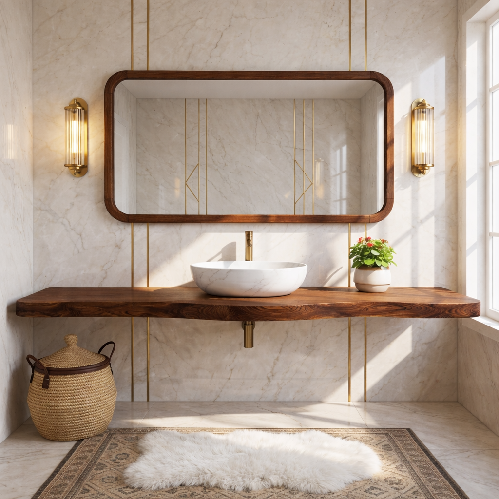 Floating Vanity with Wooden Base, White Stone Sink, and Elegant Design