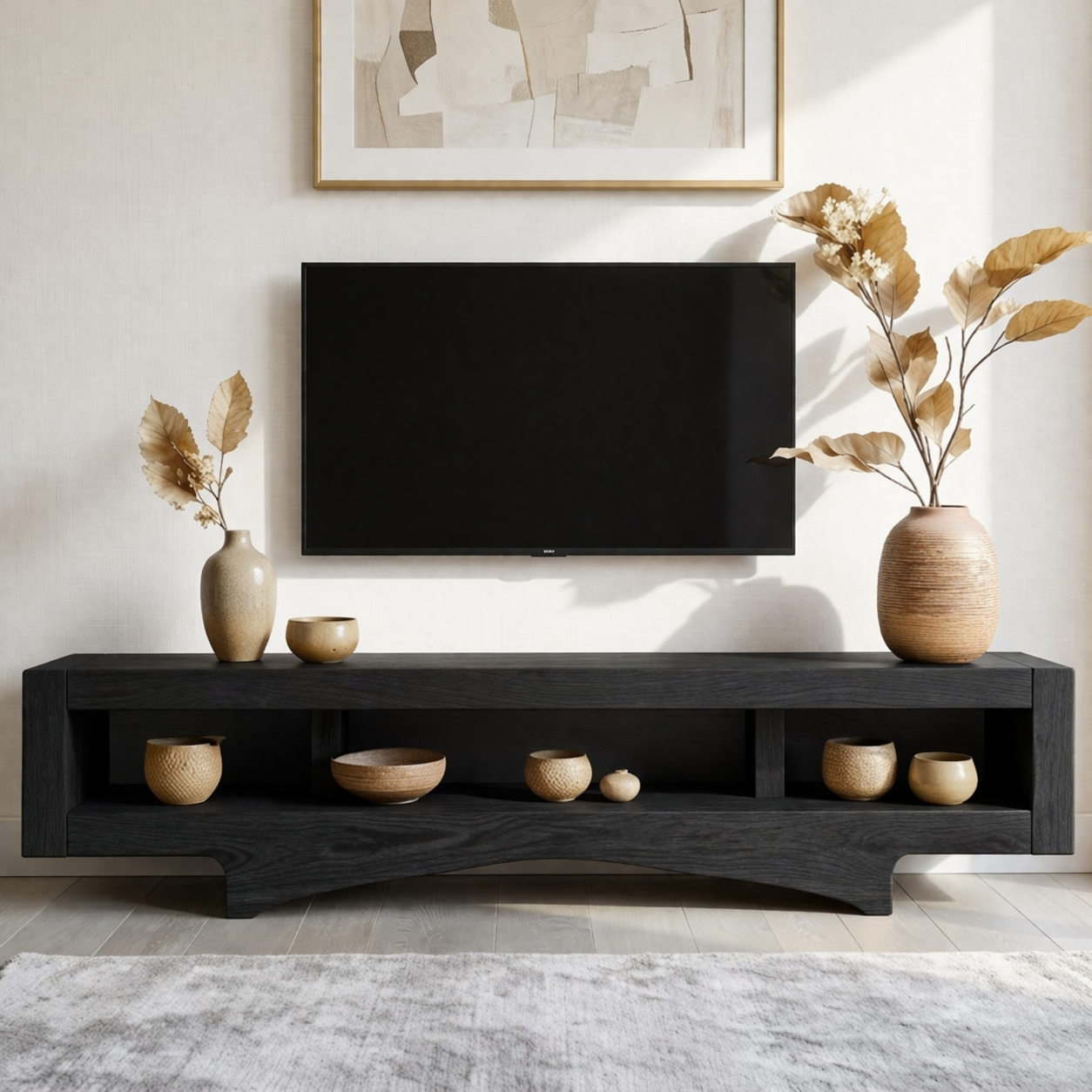 Solid Wood TV Stand with Open Shelf, Minimalist Low Profile Media Console