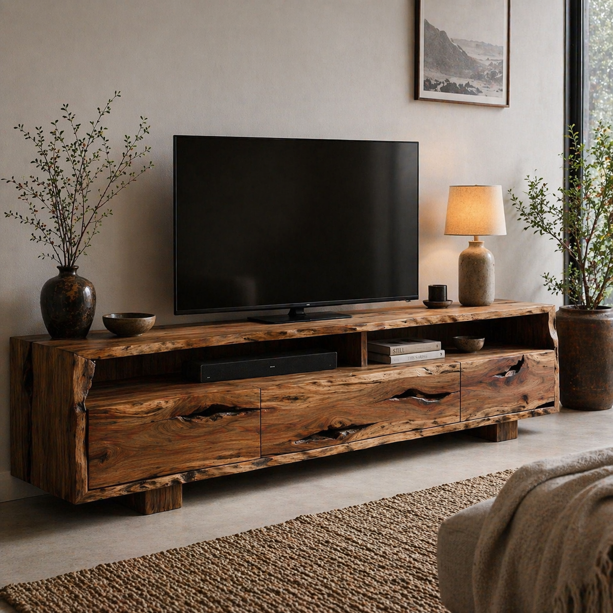 Solid Wood Media Console with Live Edge, Rustic Modern TV Stand with Storage