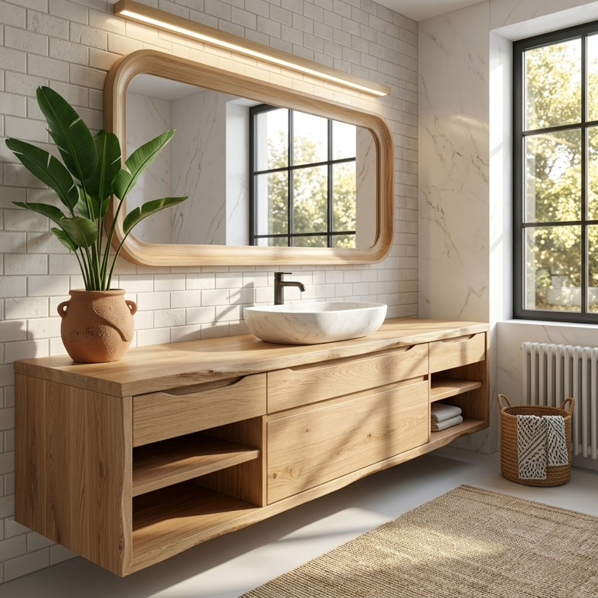 Oak Floating Vanity with Modern Design, Spacious Storage, and Sleek Marble Basin
