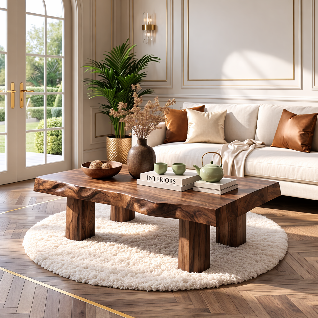 Handcrafted Wooden Coffee Table with Thick Pillar Legs and Natural Finish