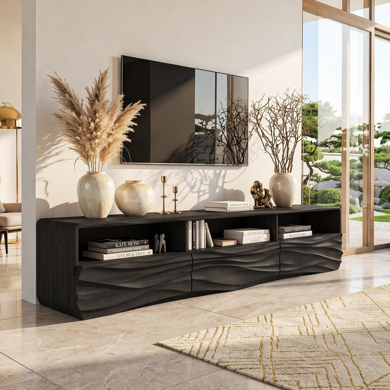 Modern Wave TV Console, Sculptural Entertainment Cabinet for Luxury Home Interiors