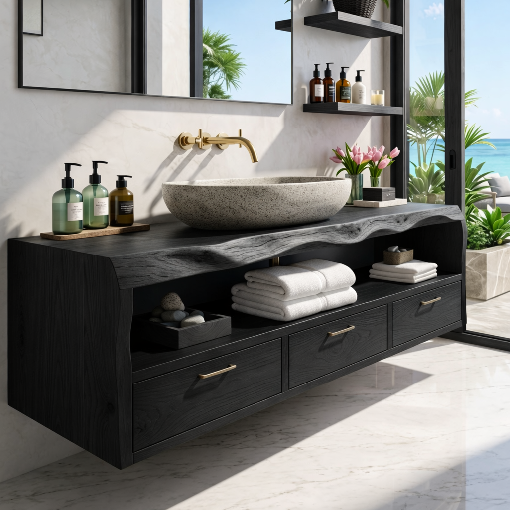Modern Solid Wood Bathroom Vanity with Floating Drawers and Open Shelf Storage