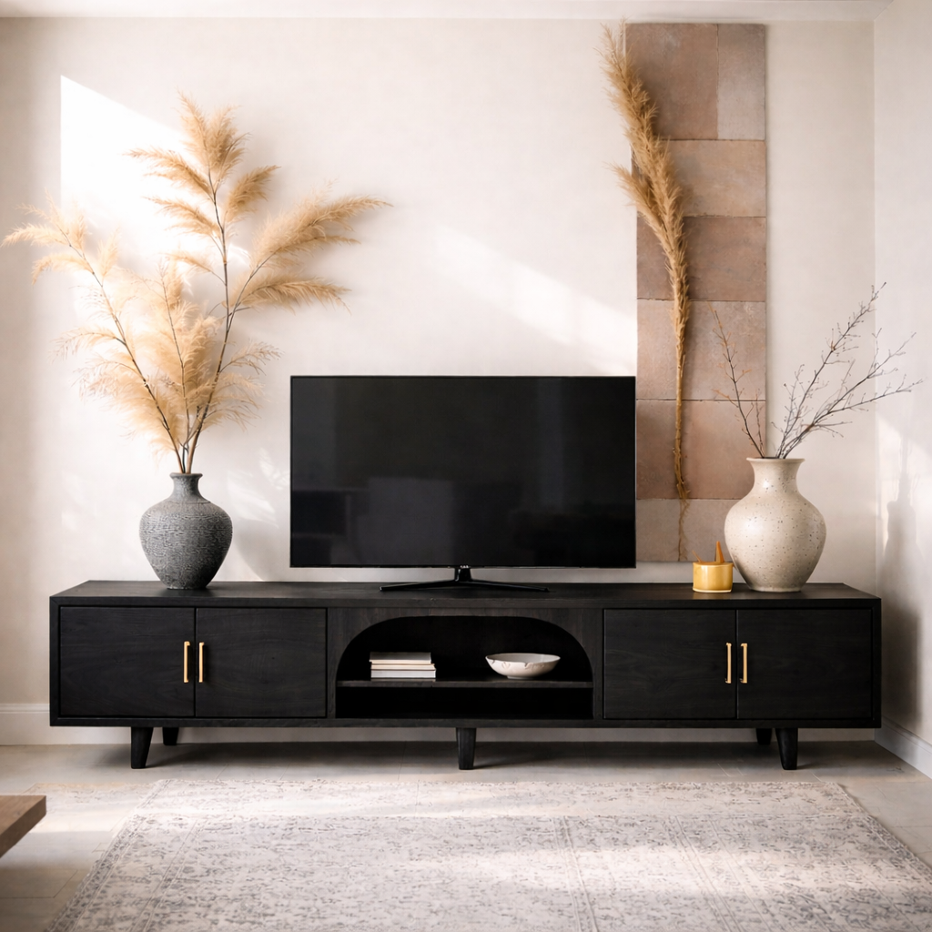 Solid Wood Media Console with Arched Shelf – Modern TV Stand with Storage