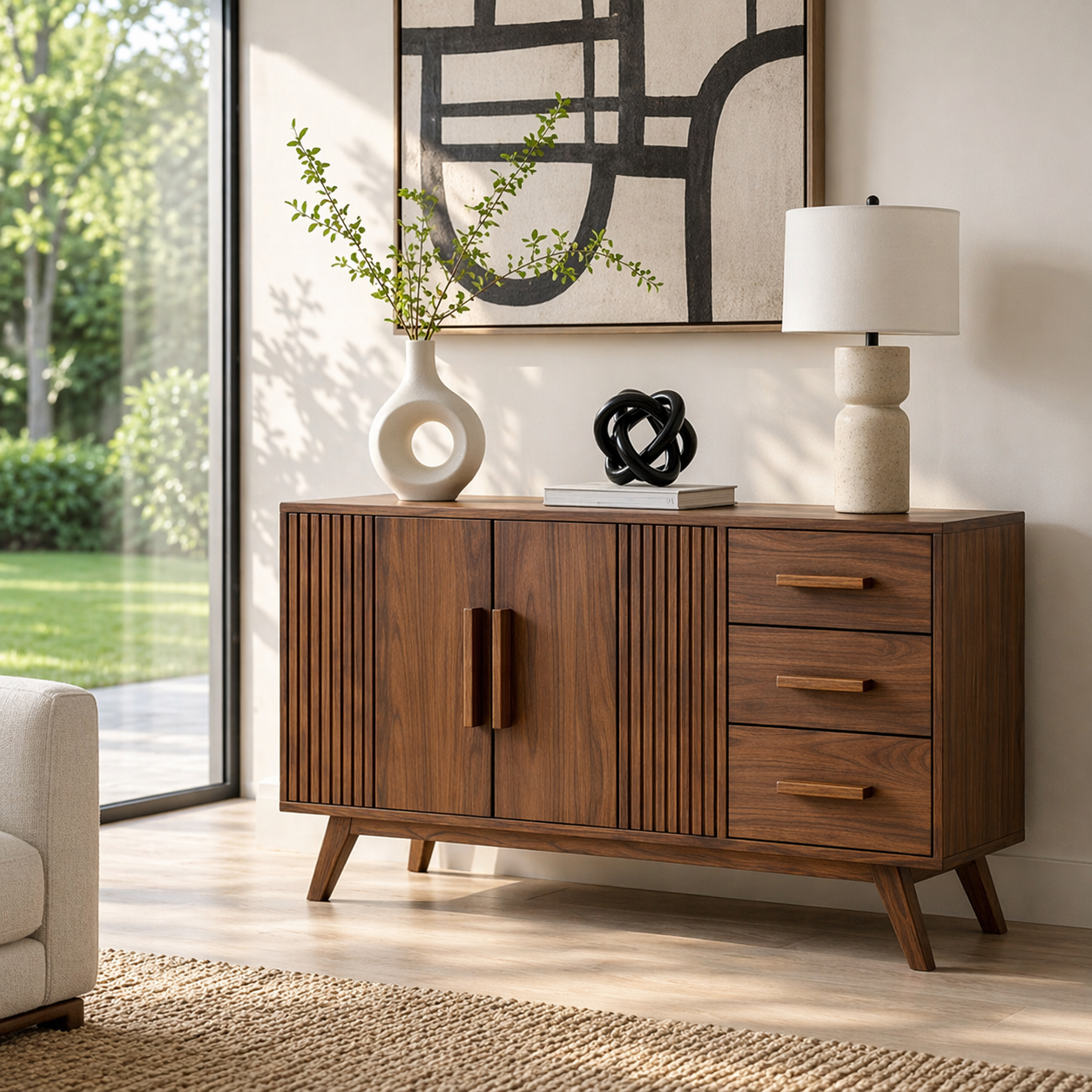 Solid Wood Console Sideboard with Slatted Design – Modern Walnut Storage Cabinet