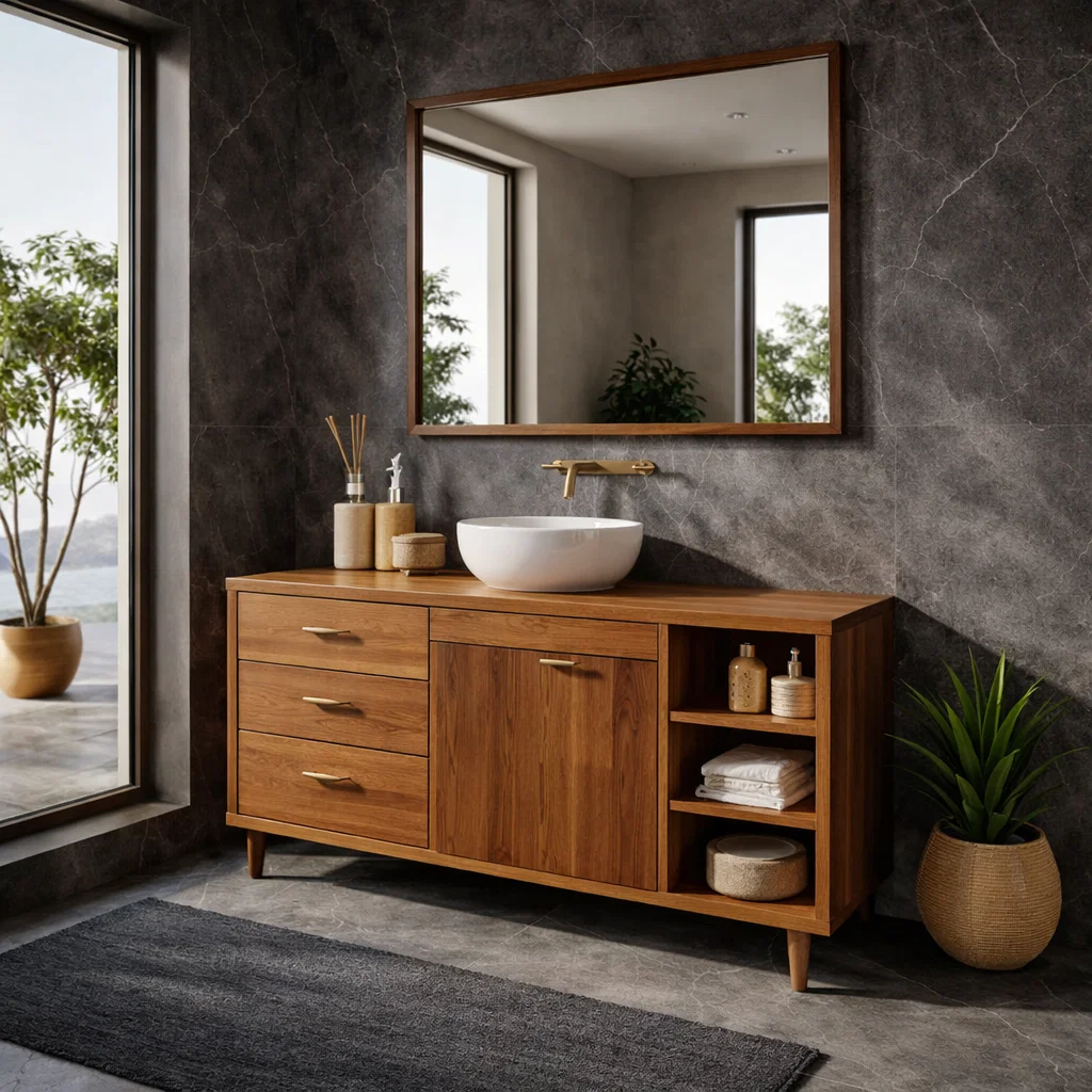 Solid Wood Bathroom Vanity with Drawers, Cabinet & Open Shelf – Mid Century Walnut Vanity