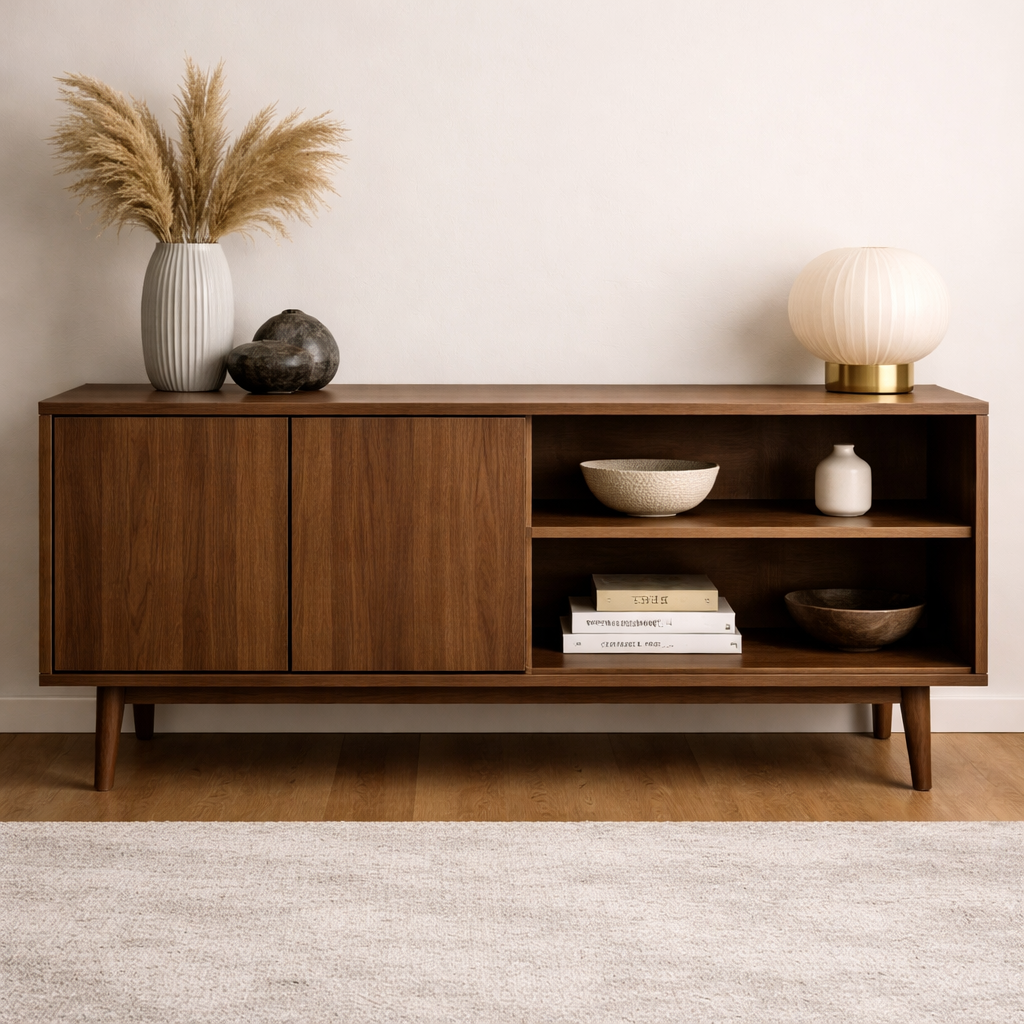 Minimalist Solid Wood Console Cabinet with Sliding Door and Open Shelf