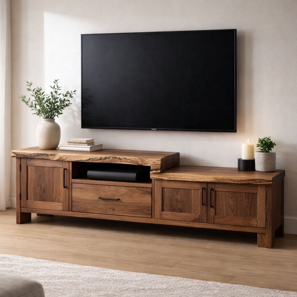 Rustic Solid Wood TV Console with Cabinets and Media Storage