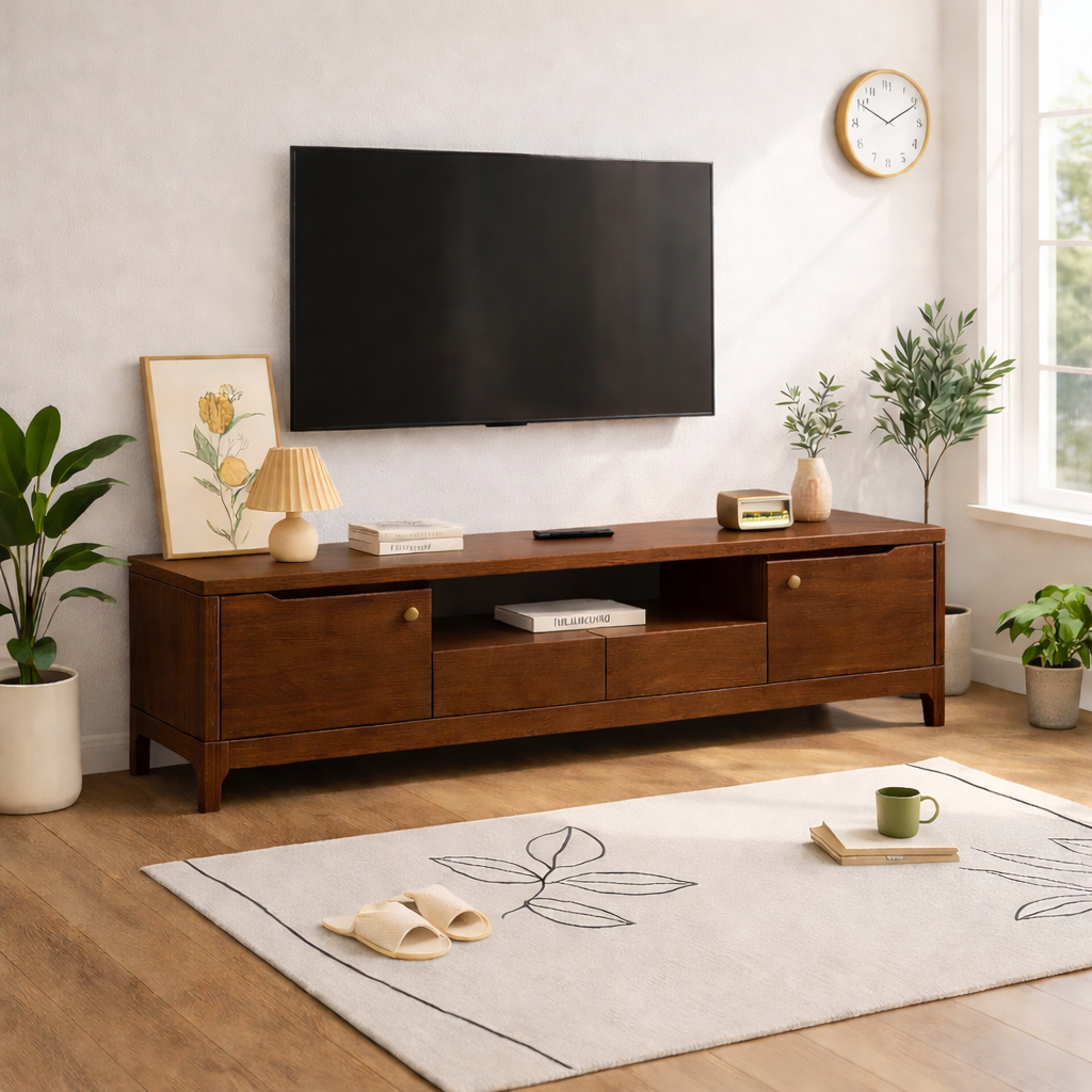 Modern Wood TV Stand Long Media Console With Storage Drawers Low Profile Entertainment Center