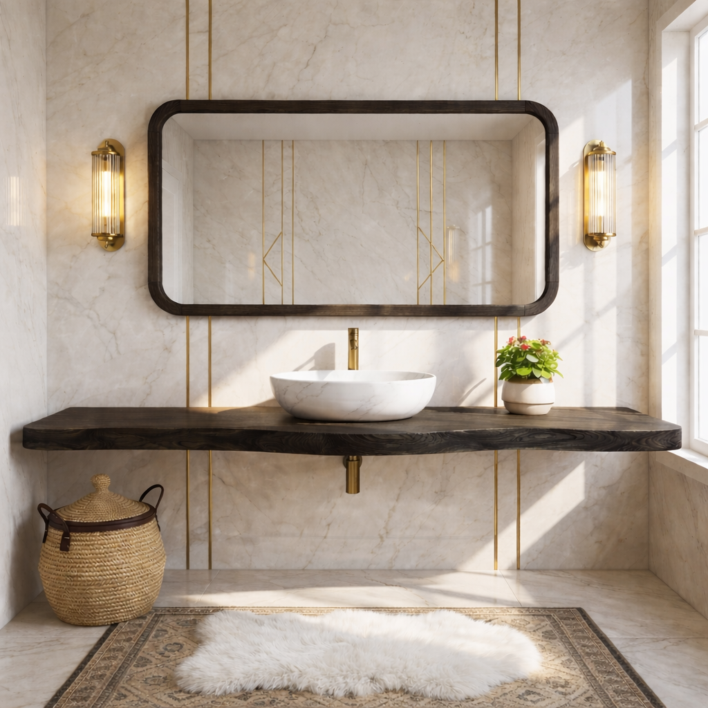 Floating Vanity with Wooden Base, White Stone Sink, and Elegant Design