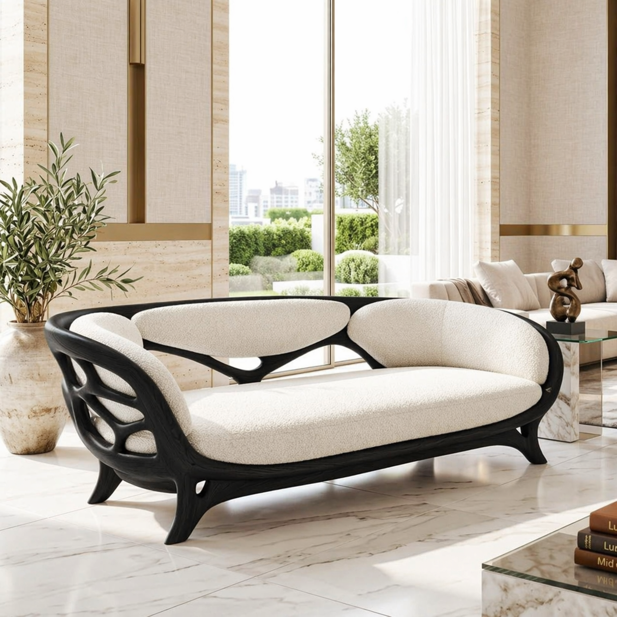 Sculptural Curved Loveseat, Luxury Upholstered Accent Sofa for Modern Interiors