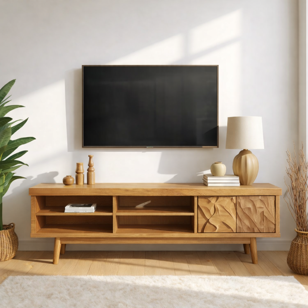 Mid Century Solid Wood TV Stand Carved Media Console Modern Entertainment Center Cabinet