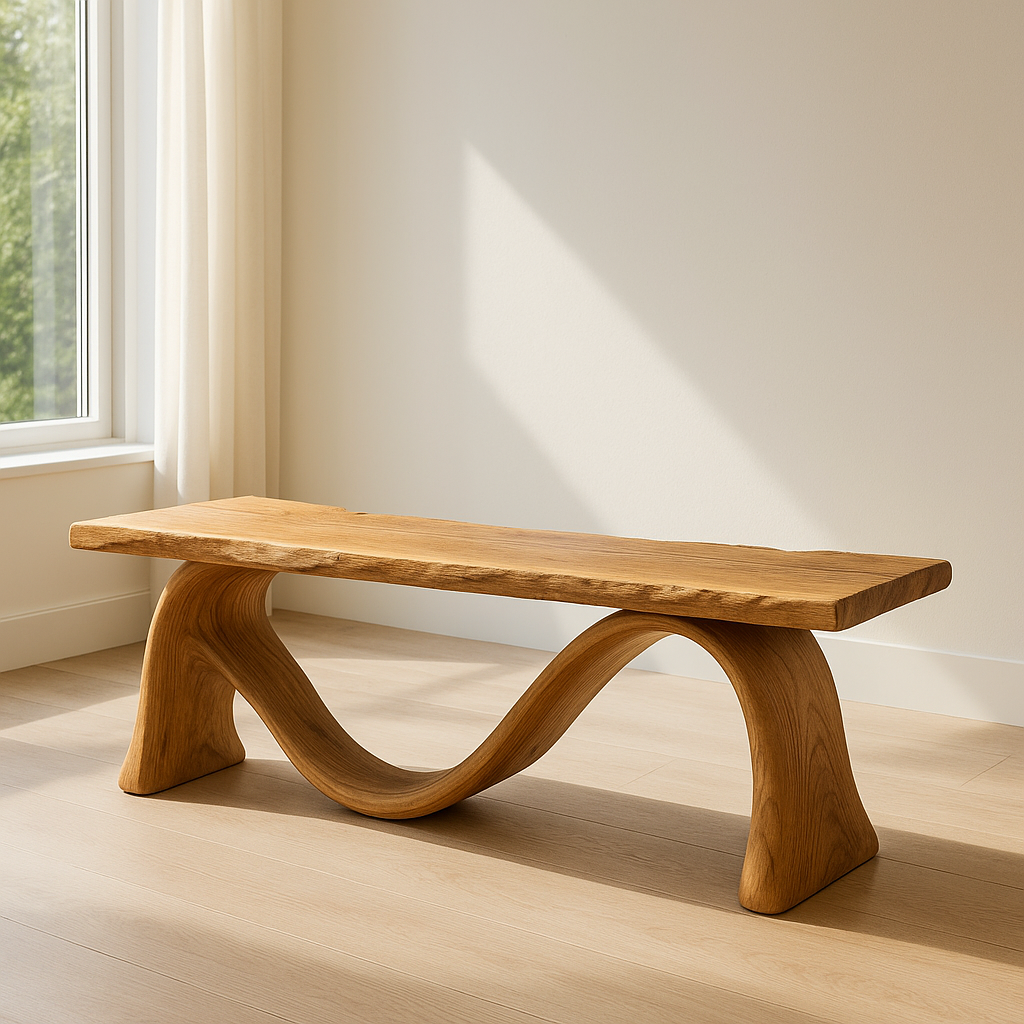 Solid Wood Bench with Sculptural Curved Base – Modern Entryway or Living Room Bench