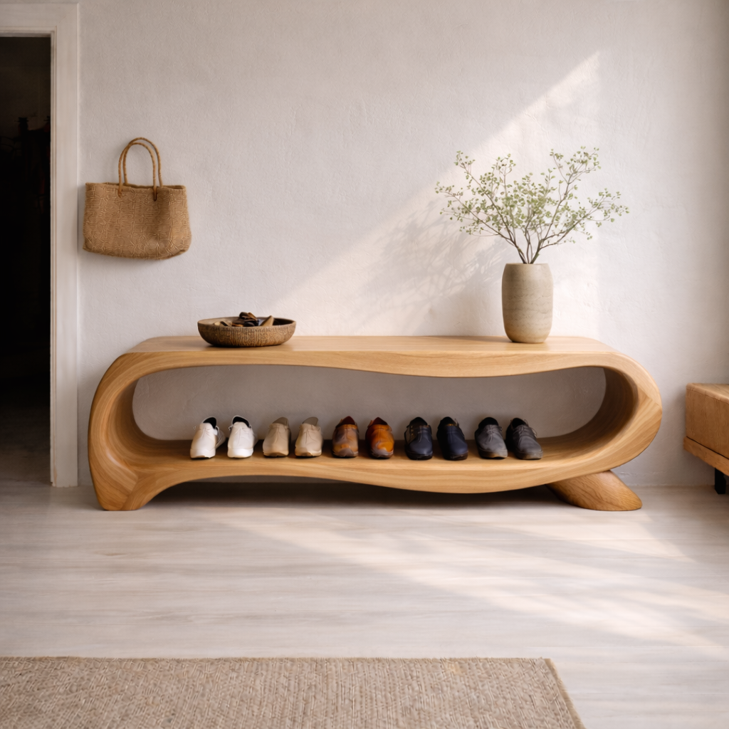 Modern Solid Wood Entryway Bench with Shoe Storage Shelf – Curved Wooden Shoe Rack Bench