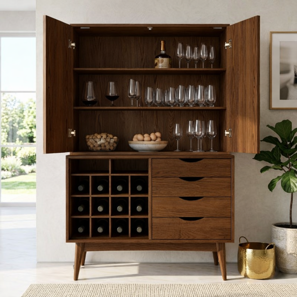 Modern Wine Bar Cabinet with Glass Storage, Bottle Rack and Drawer Organizer