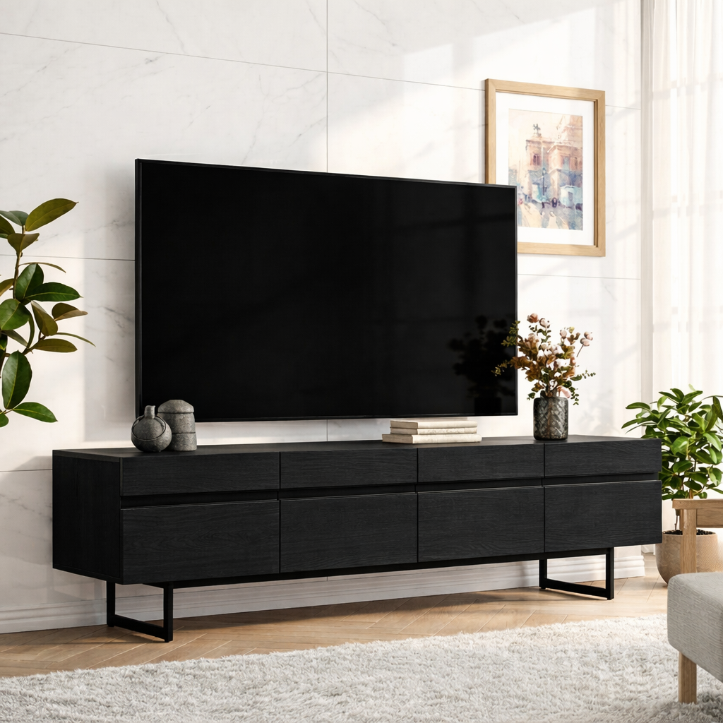 Modern Solid Wood TV Stand Long Media Console with Black Accent and Metal Legs