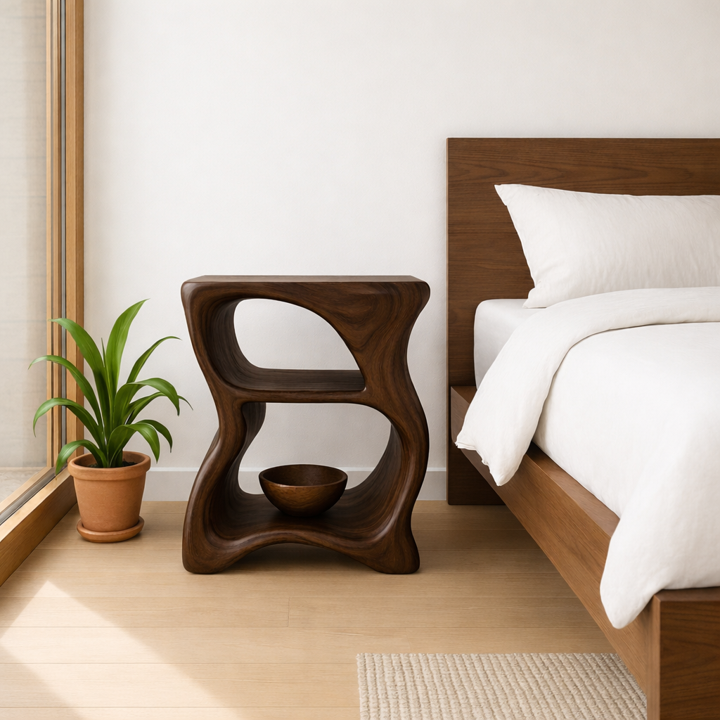 Modern Solid Wood Nightstand – Sculptural Wooden Bedside Table with Open Shelf