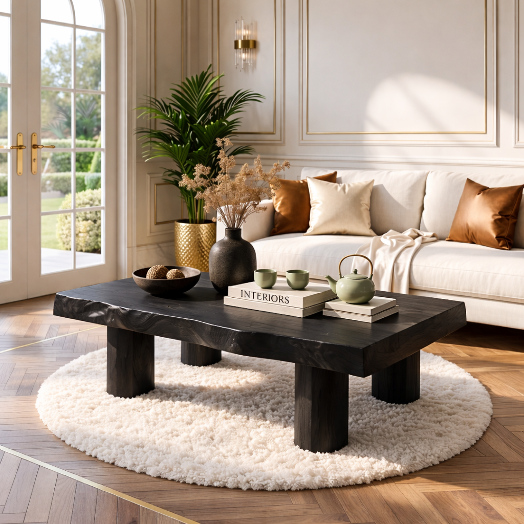 Handcrafted Wooden Coffee Table with Thick Pillar Legs and Natural Finish